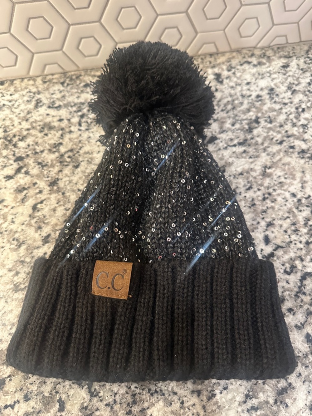 C.C Kids Black Sequin Pom Pom Beanie